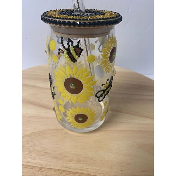 Handmade Bees and Sunflowers 16 oz glass cup with straw topper - Picture 5 of 7